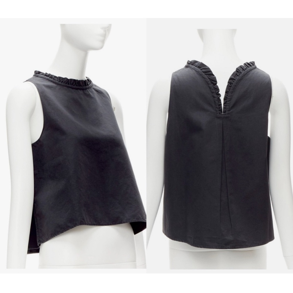 Atlantique Ascoli Paris Designer Black Ruffle Collar Boxy Blouse Top Bateau NWT